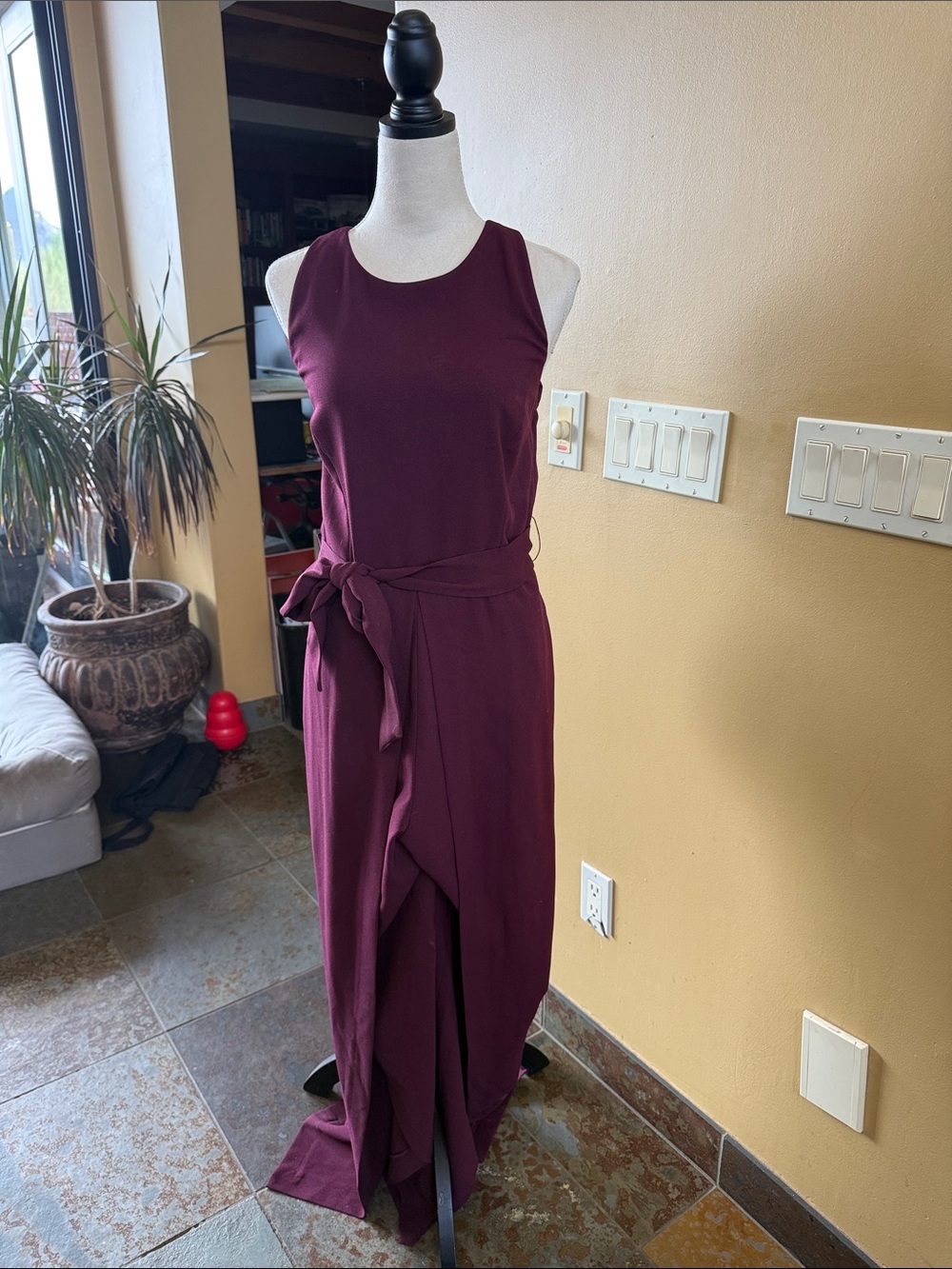 INC International Concepts Sleeveless Wine Flowy Wide Leg Jumpsuit